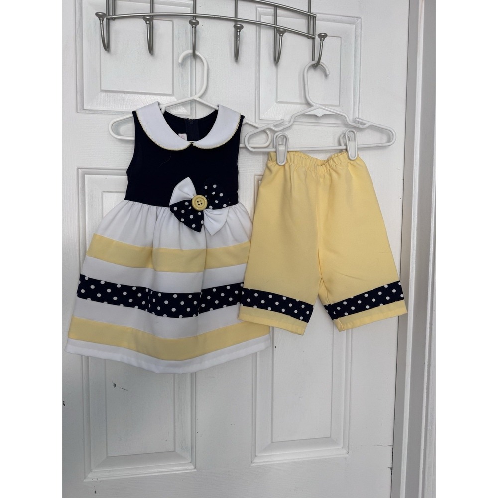 Bonnie Baby Girls 18M 2-Piece Navy Yellow Polka Dot Striped Dress and Shorts Set